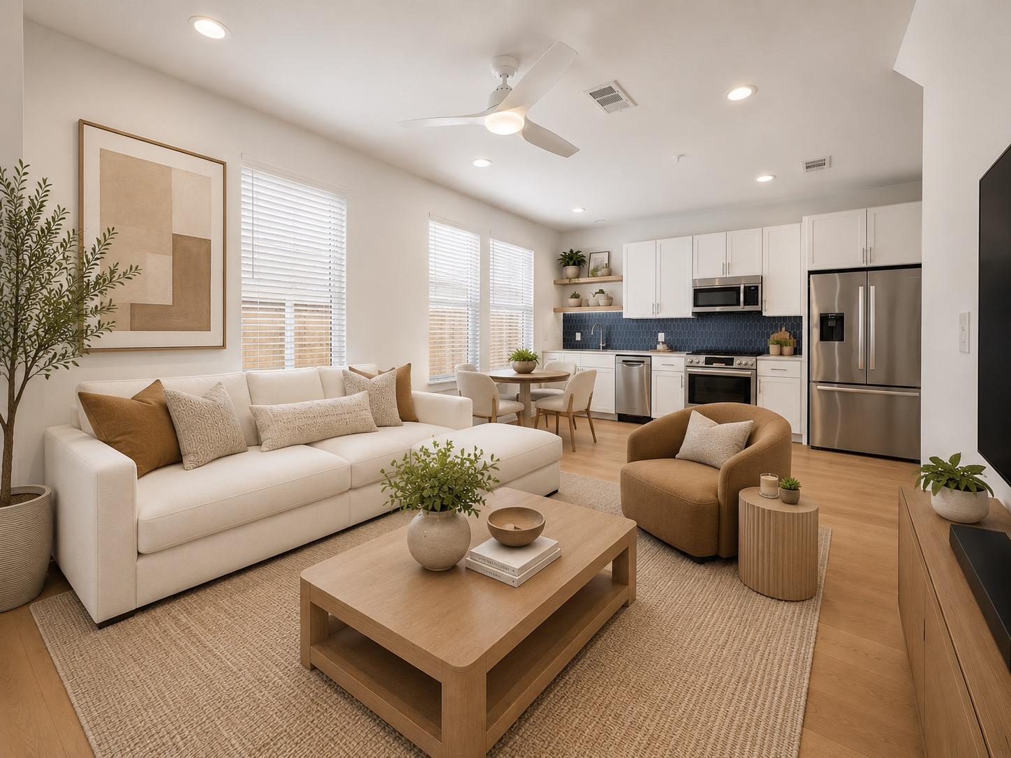 An open-concept living space with sleek flooring 