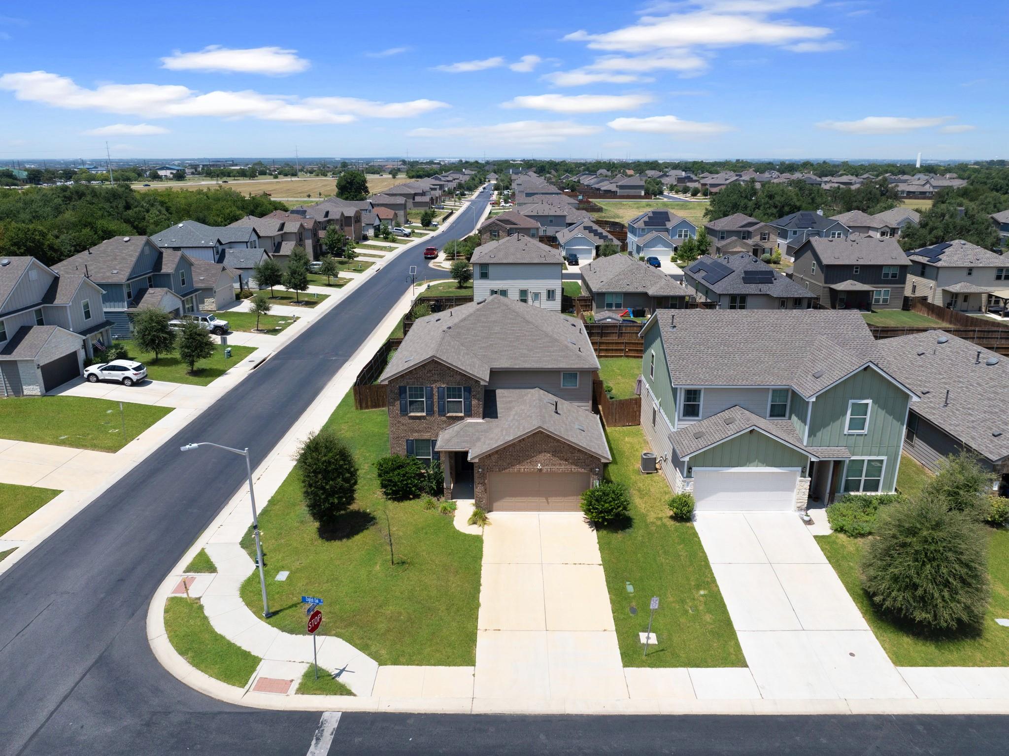 An aerial perspective showcases a residential nei