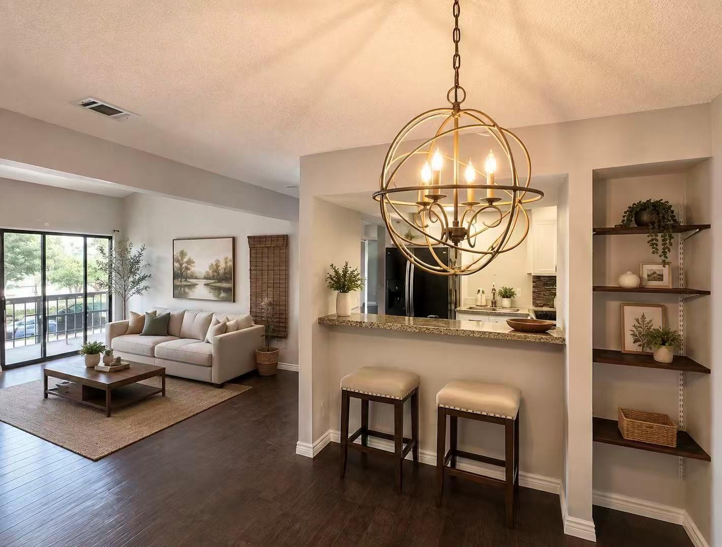 An inviting living area with rich hardwood floors