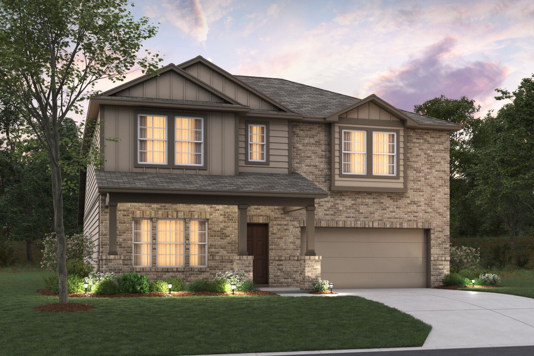 A classic brick and siding two-story home, illumi