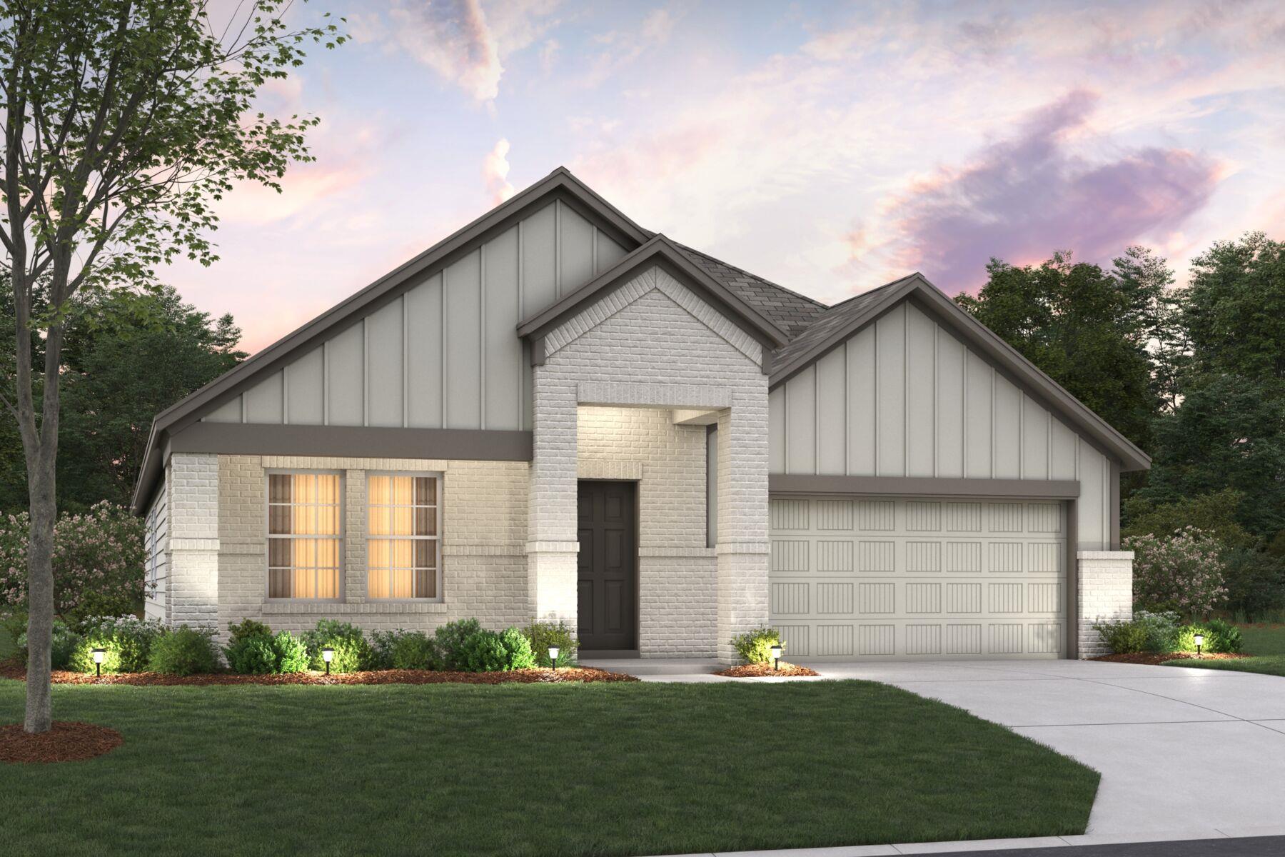 A well-maintained lawn and subtle exterior lighti