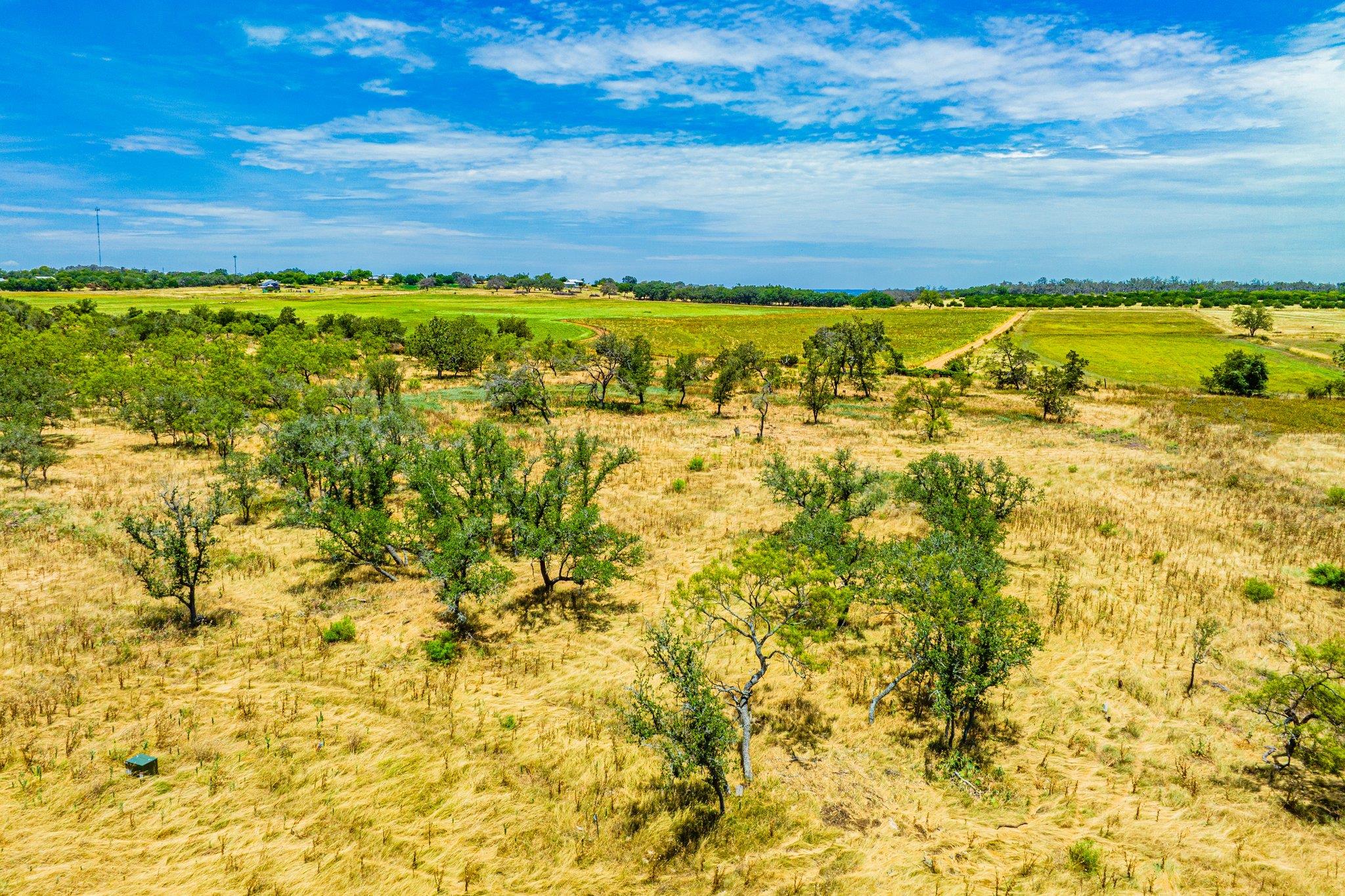 Cultivated fields meet open terrain under an azur