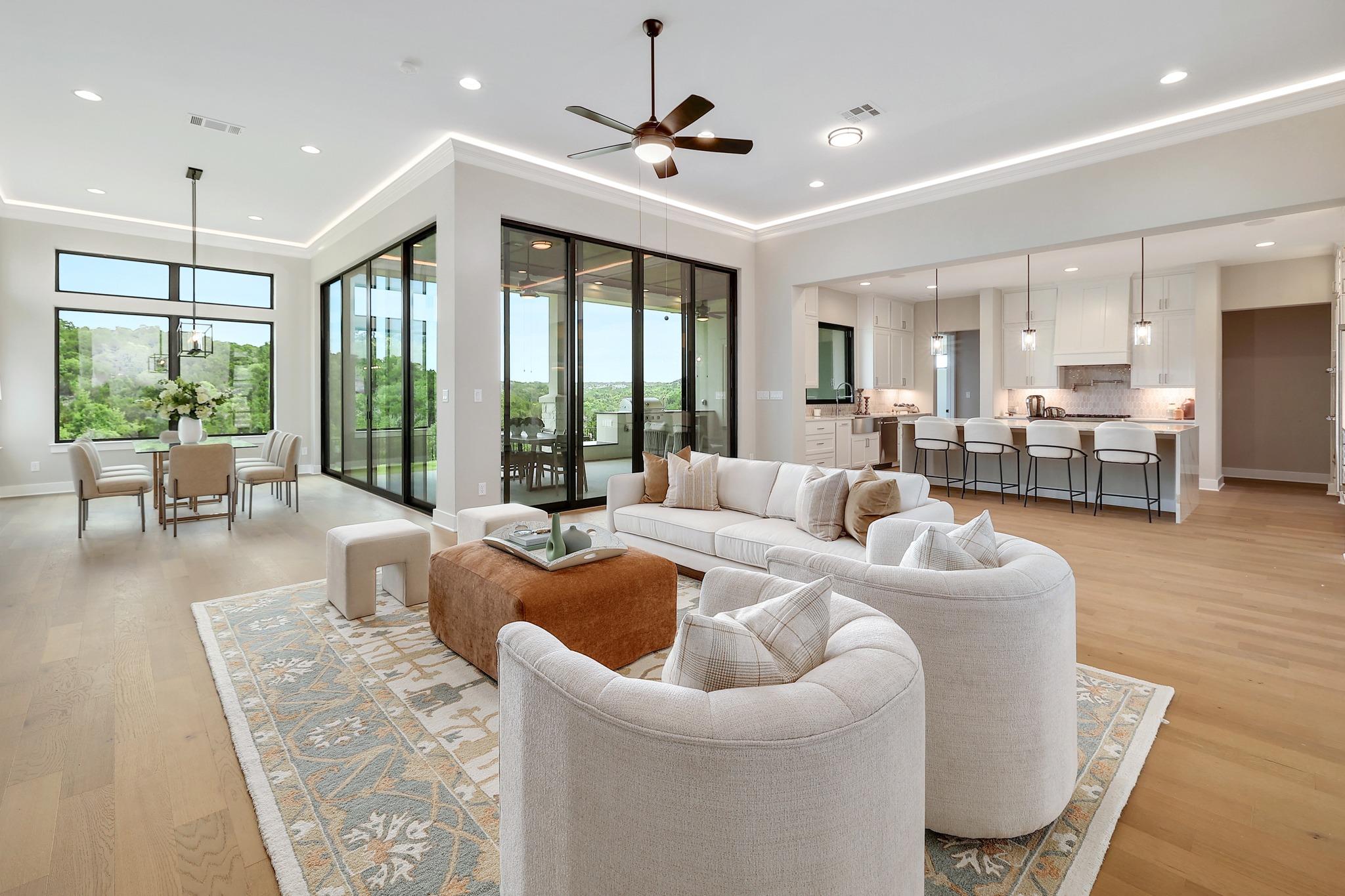 An open concept living area seamlessly blends com