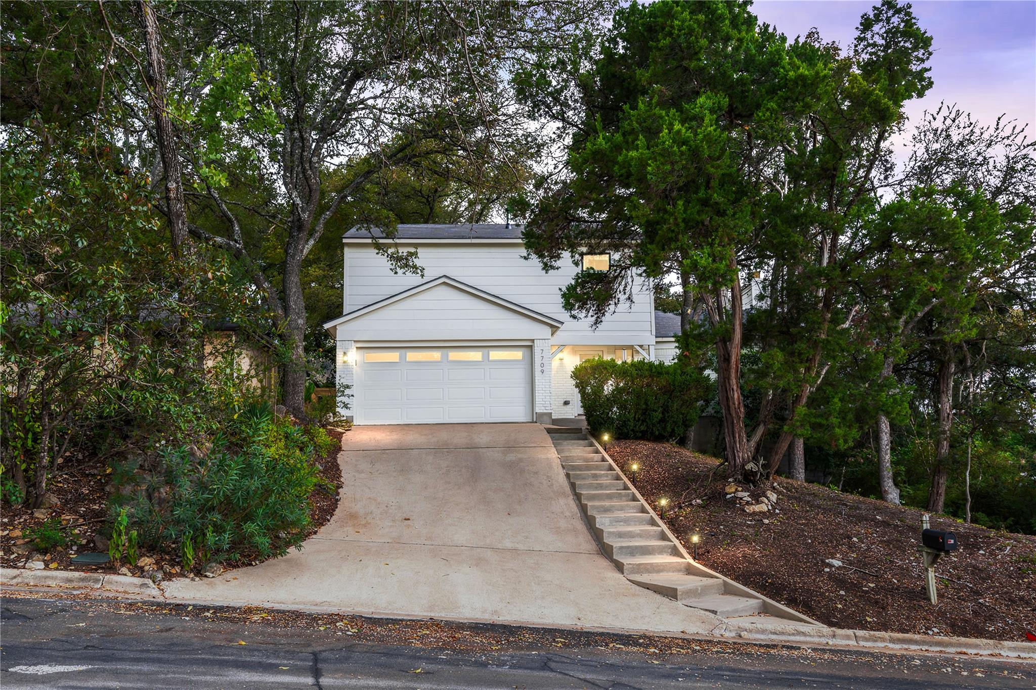 Mature trees frame a concrete driveway leading to