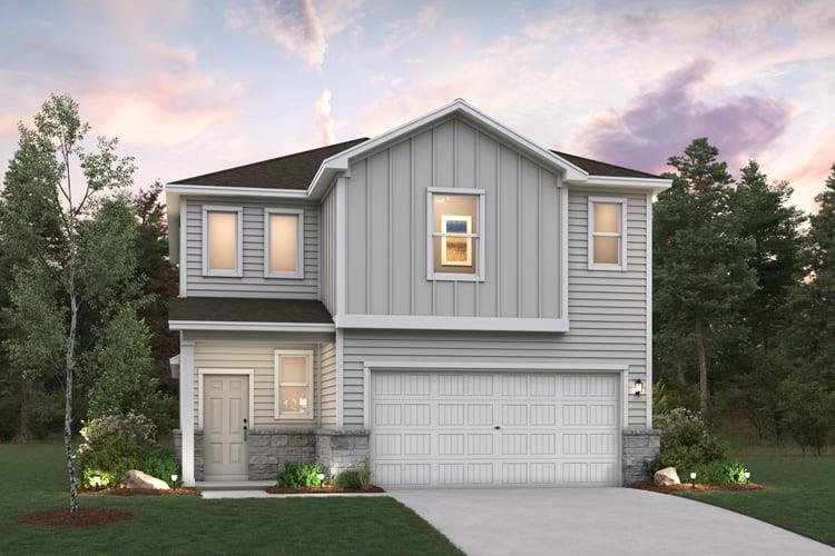 Modern home with an attached garage features well
