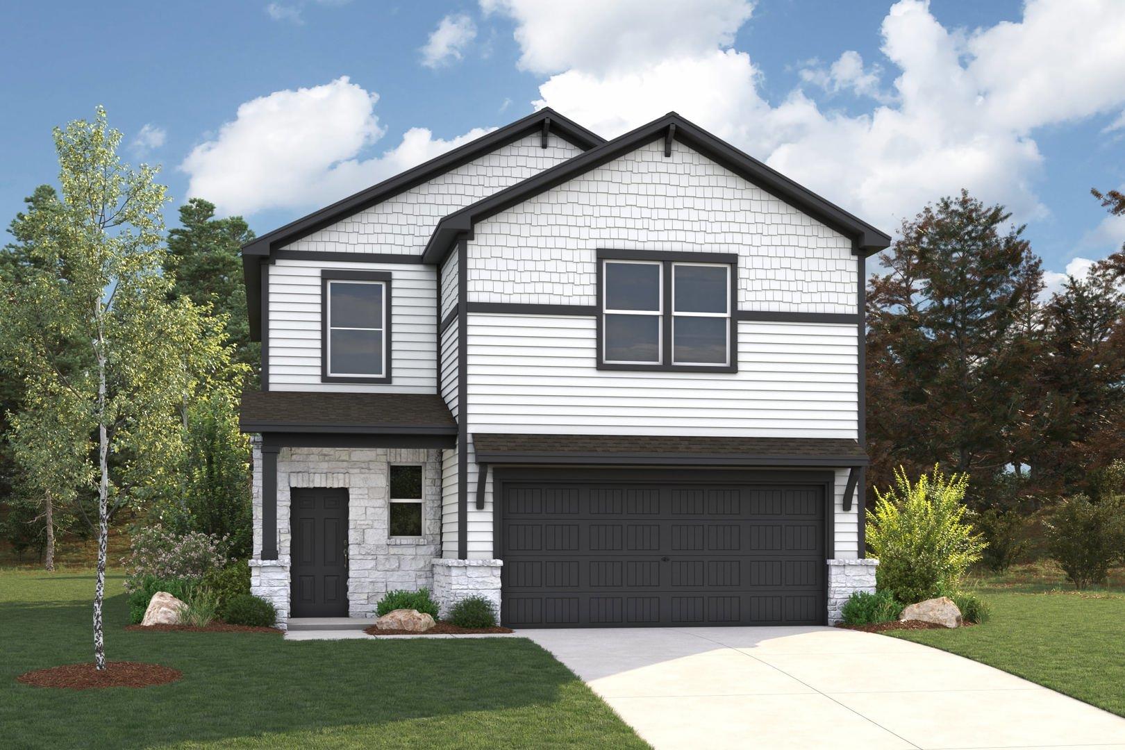 A modern facade boasts crisp white siding, dark t
