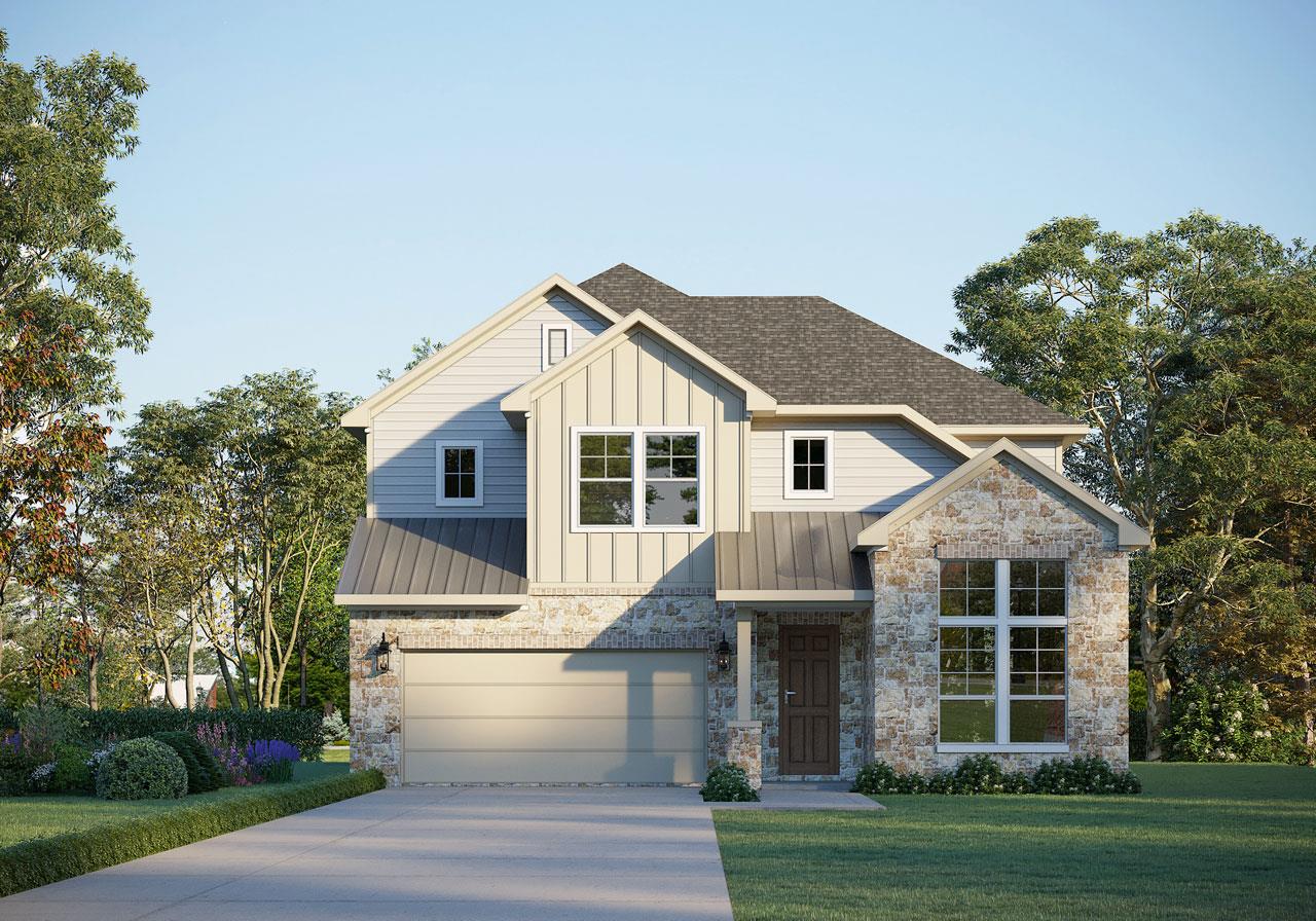 A welcoming stone and siding facade with an attac