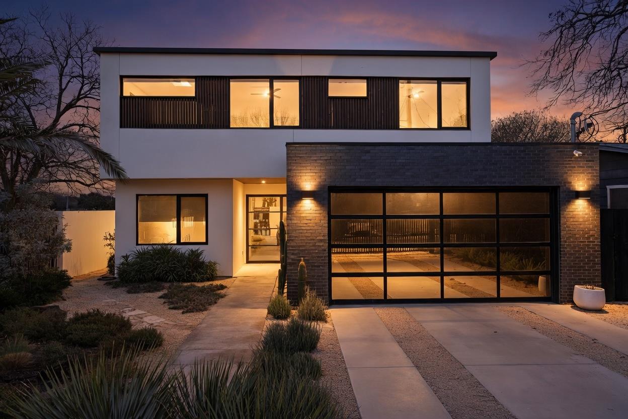 Modern two-story property with a light-colored st