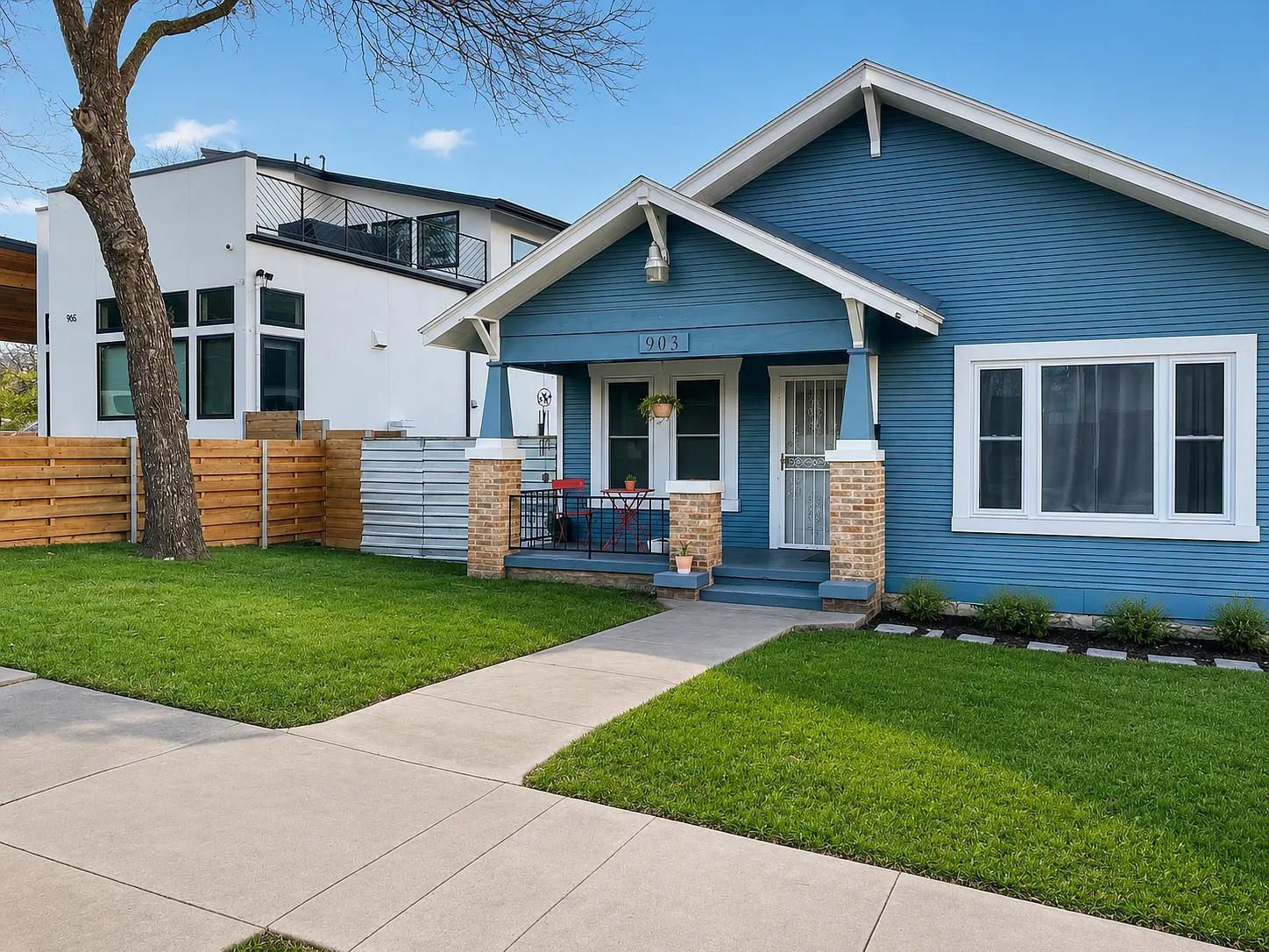 A cheerful blue facade welcomes with a cozy front