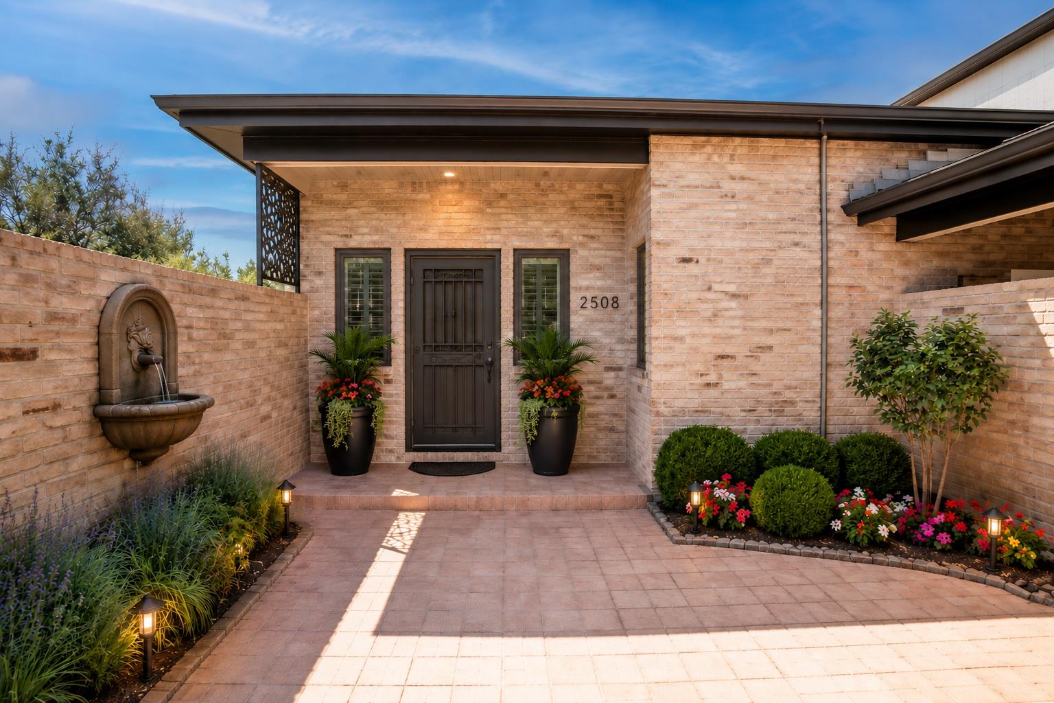 Brick exterior walls and a paved courtyard welcom