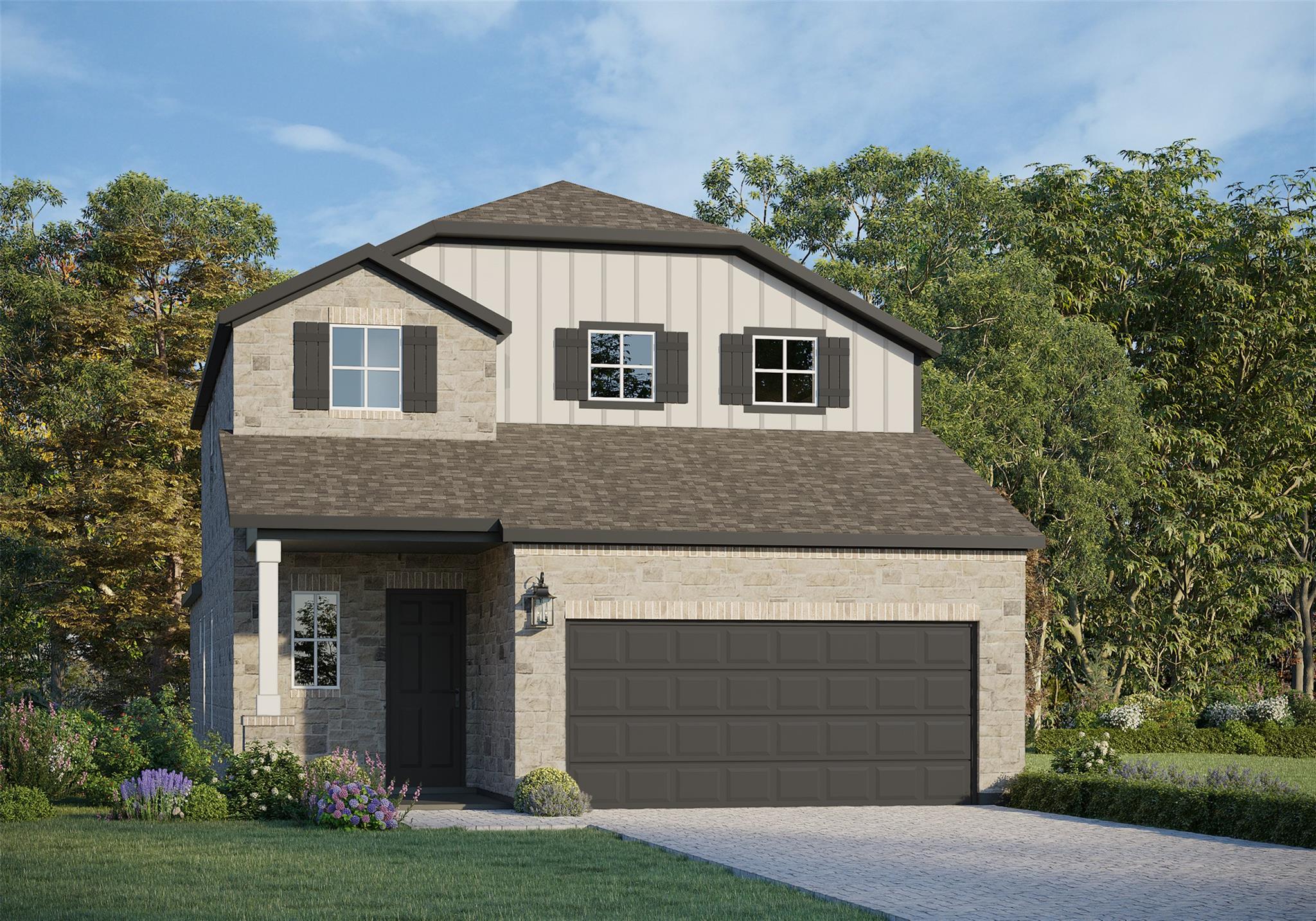 A charming two-story residence presents a stone a