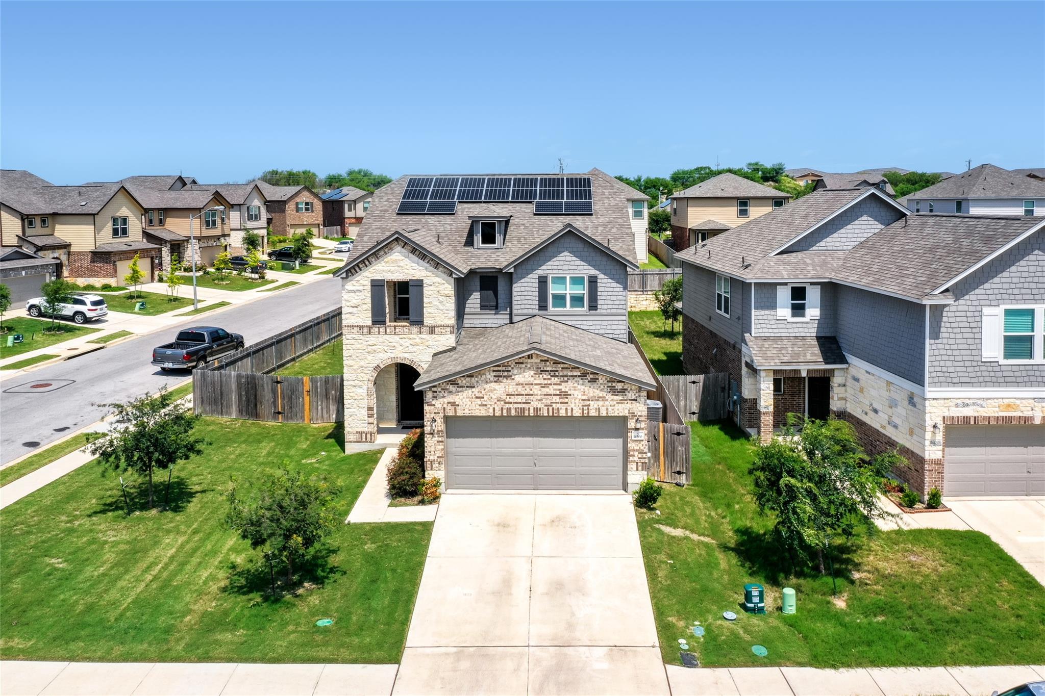This modern residence showcases solar panels and 