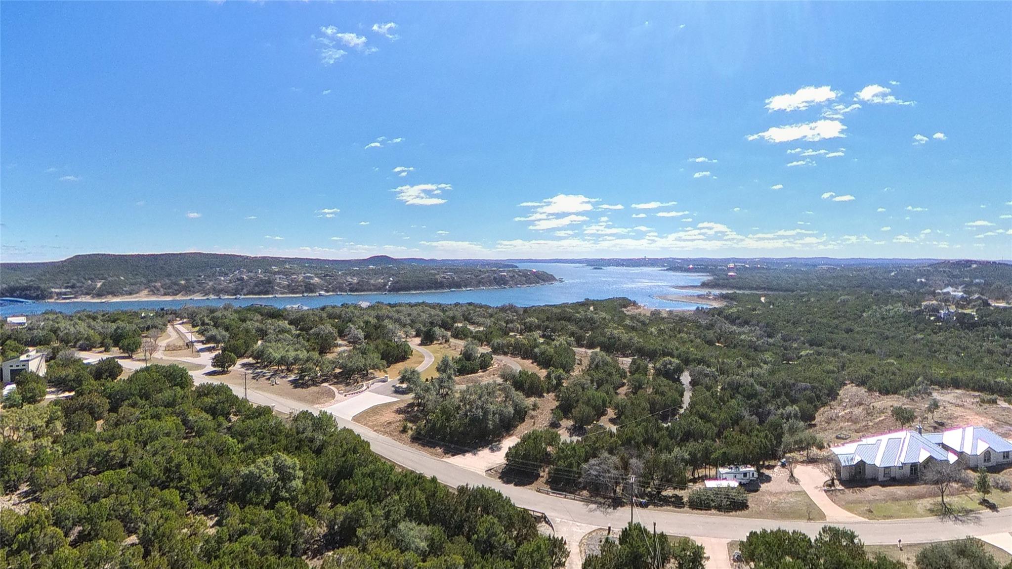 Aerial view of a water and mountain view and a fo