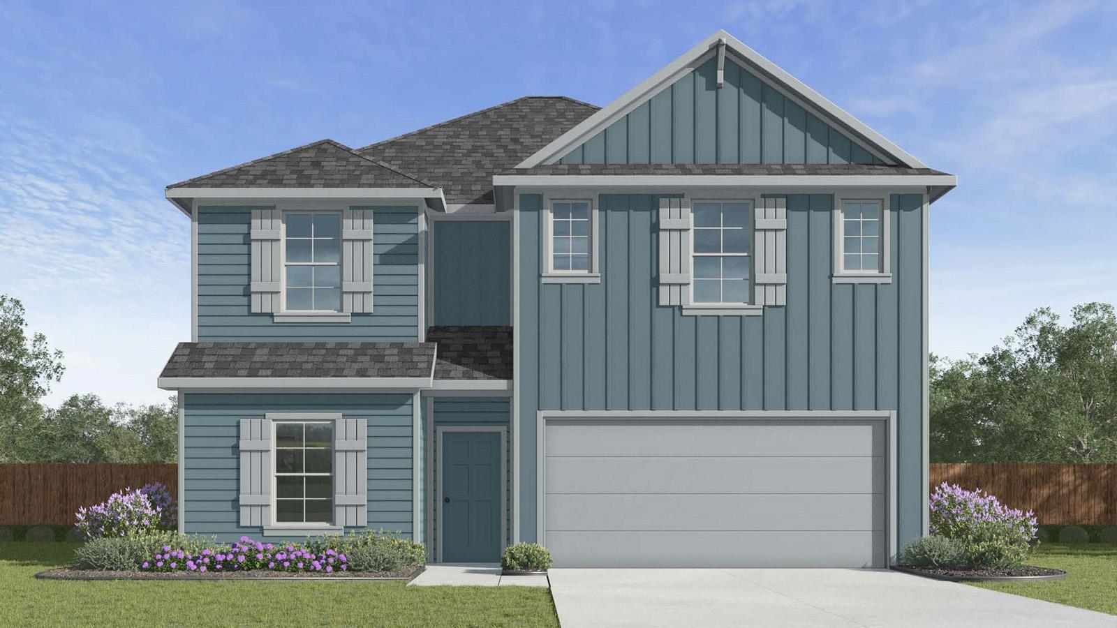 A classic blue siding home with prominent shutter