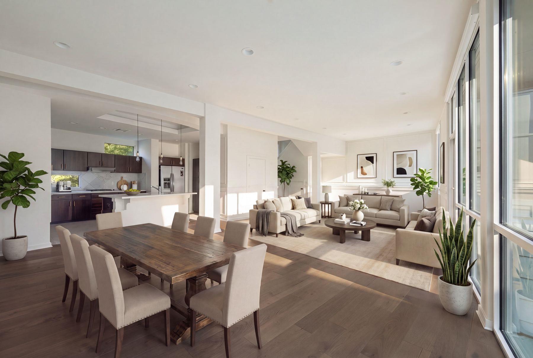 An open-concept living space with lustrous hardwo