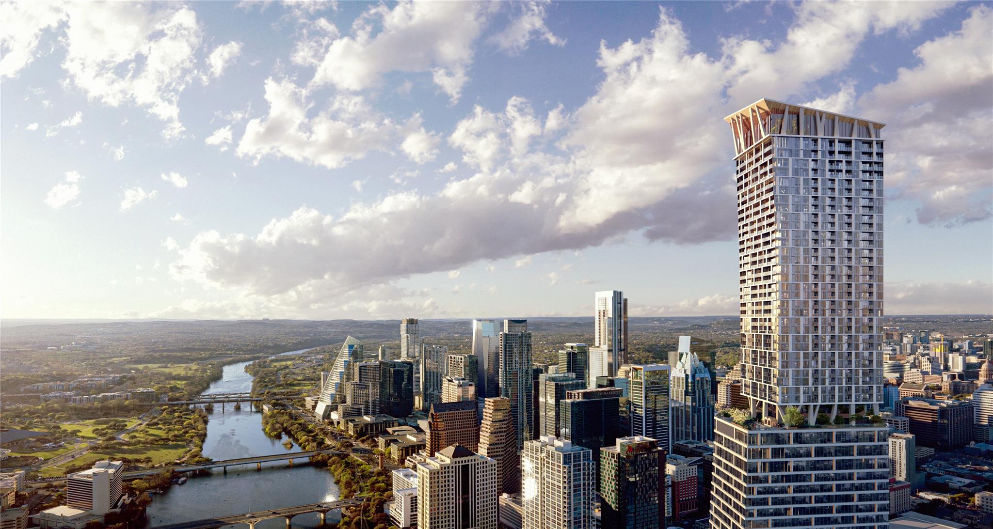 Panoramic city views unfold from this towering hi