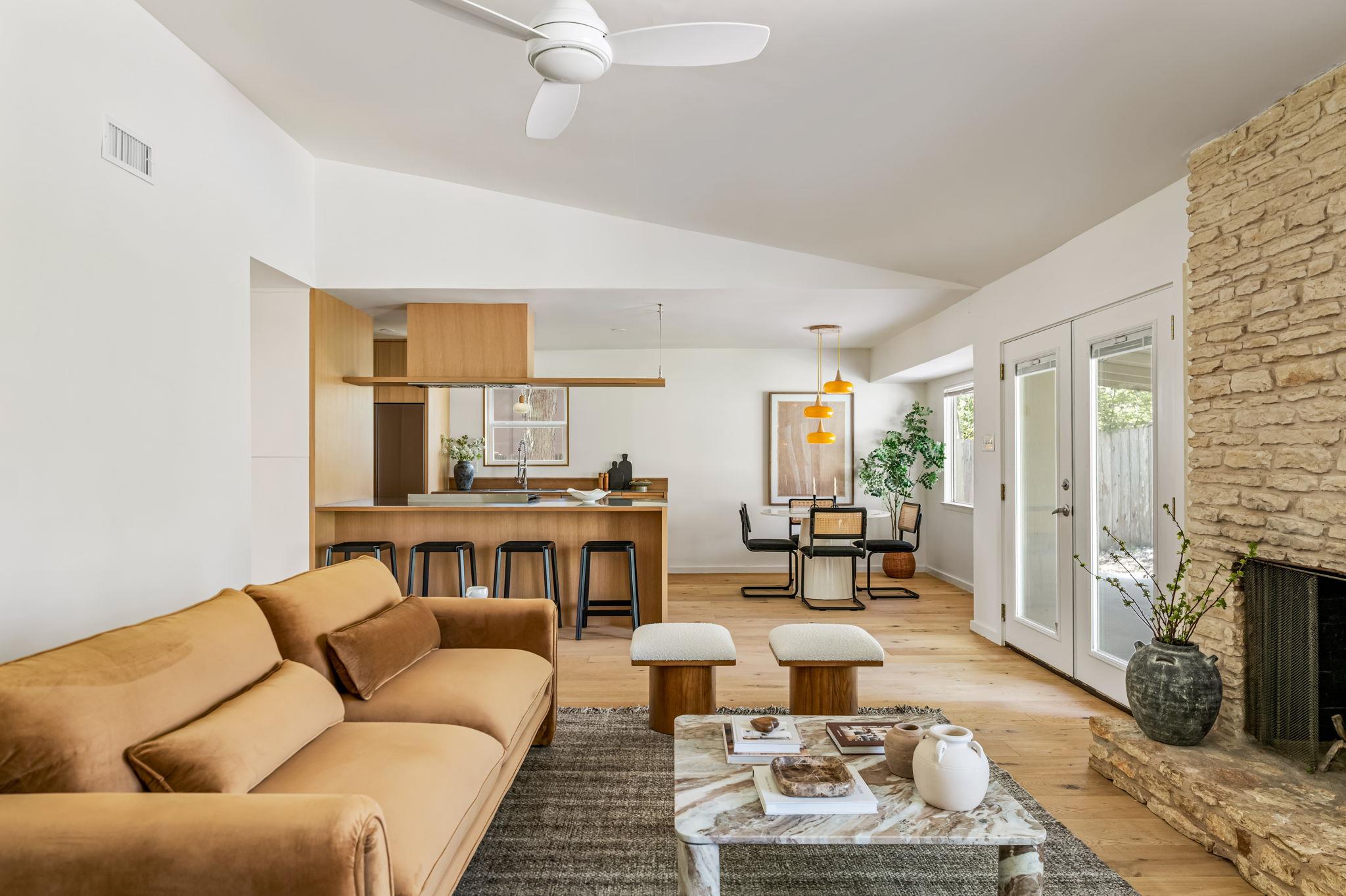 An open floor plan connects the living area to a 
