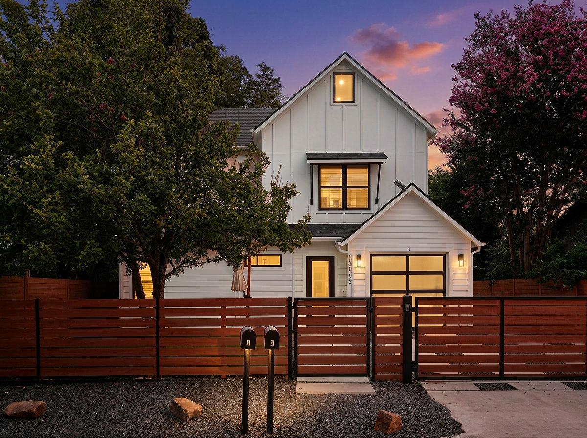 A modern board-and-batten facade stands behind a 