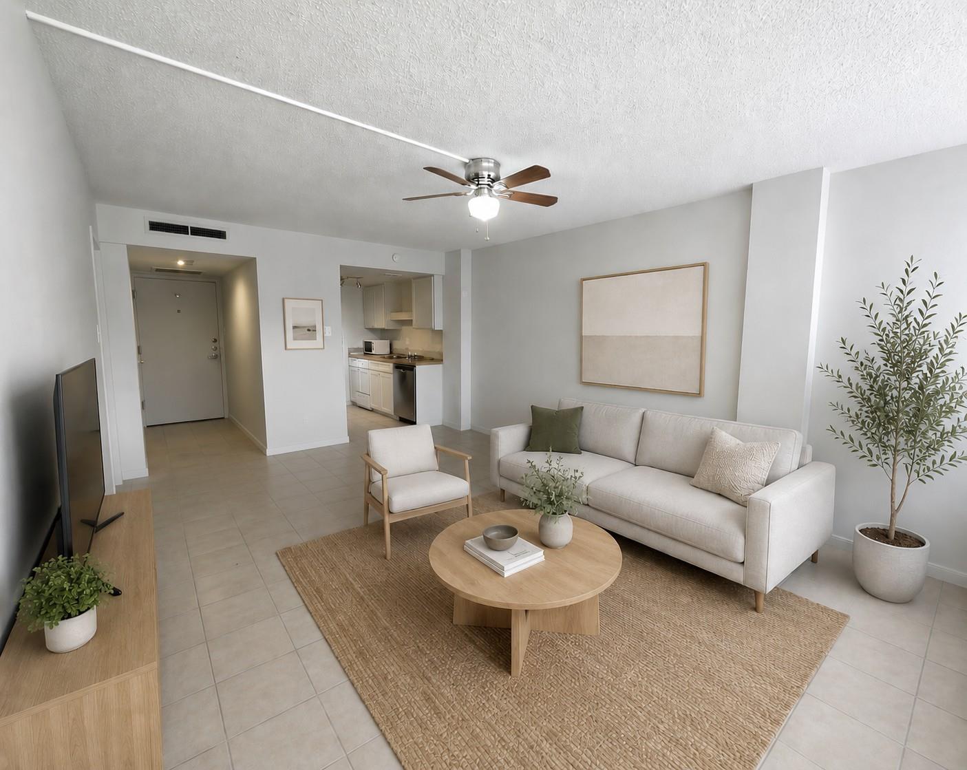 An inviting open-concept living space features a 