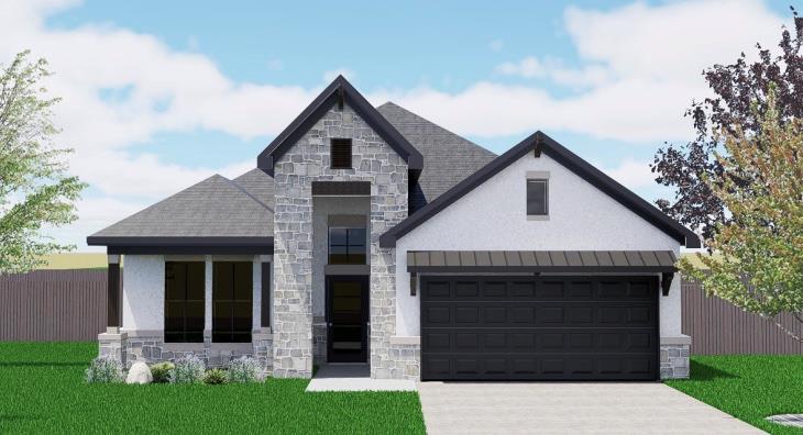 A modern facade with stone accents and a prominen