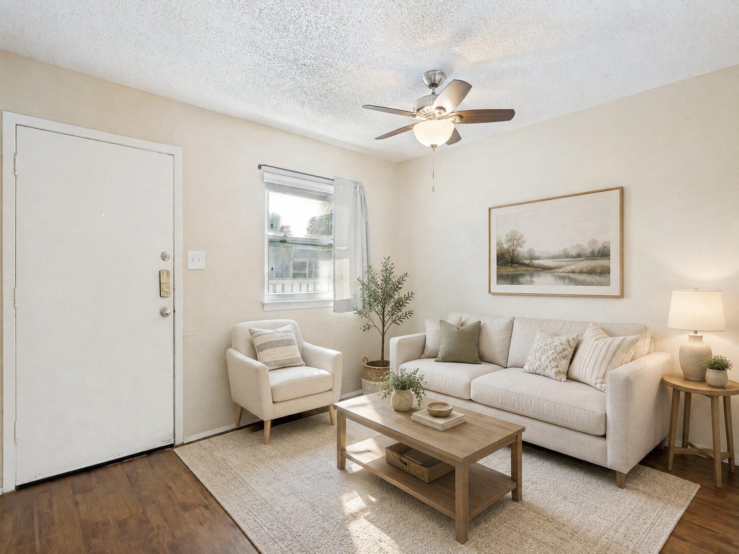 Natural light washes over this living space, high