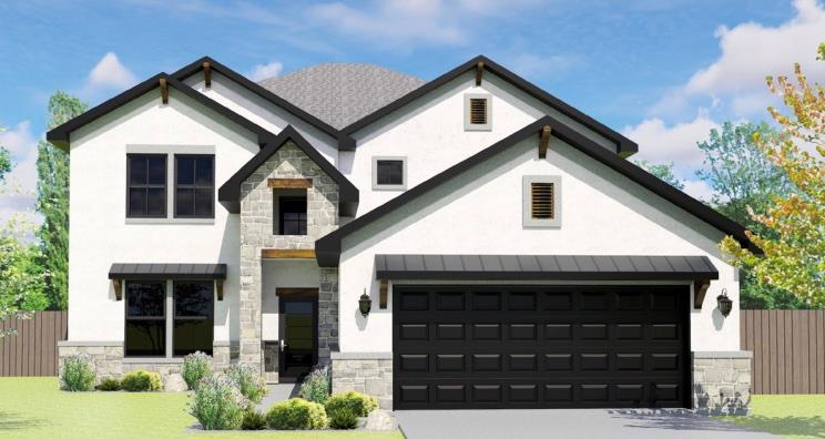 Multi-textured siding, prominent stone accents, a