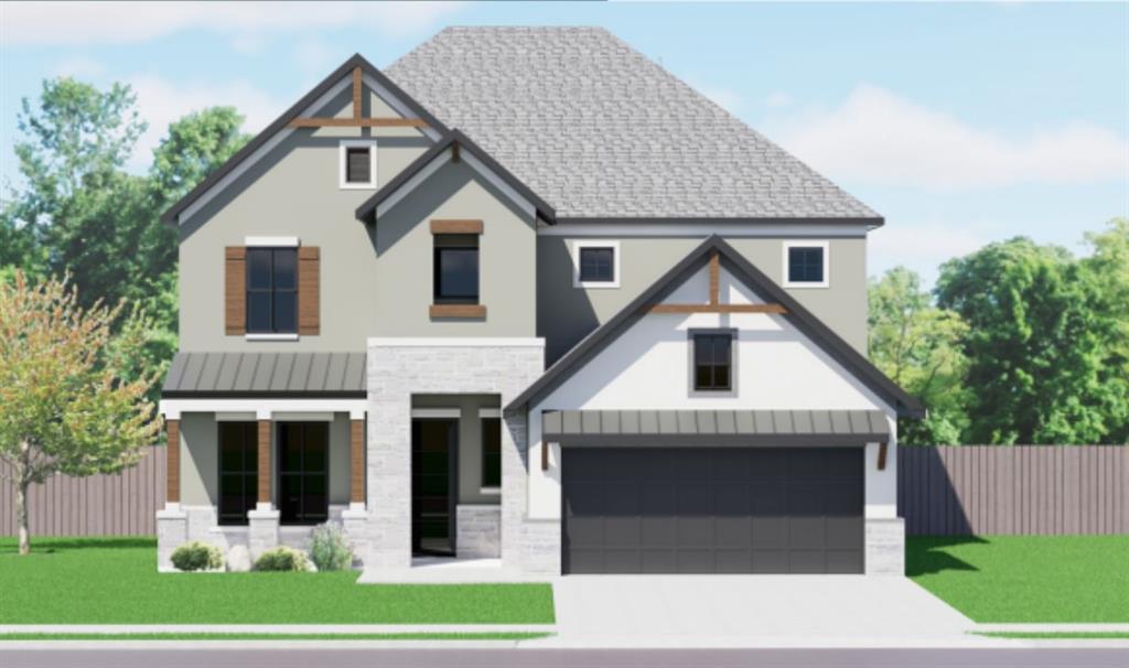 Modern facade with a mix of siding and stone, fea