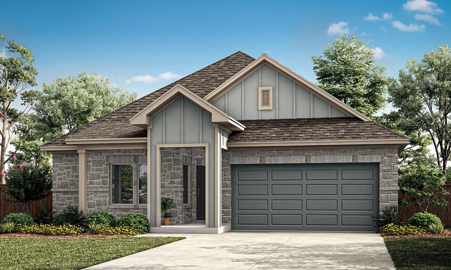 A welcoming stone facade and a gray garage door c