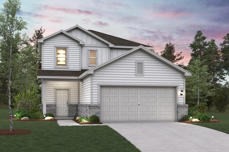 A classic facade with mixed siding and stone acce