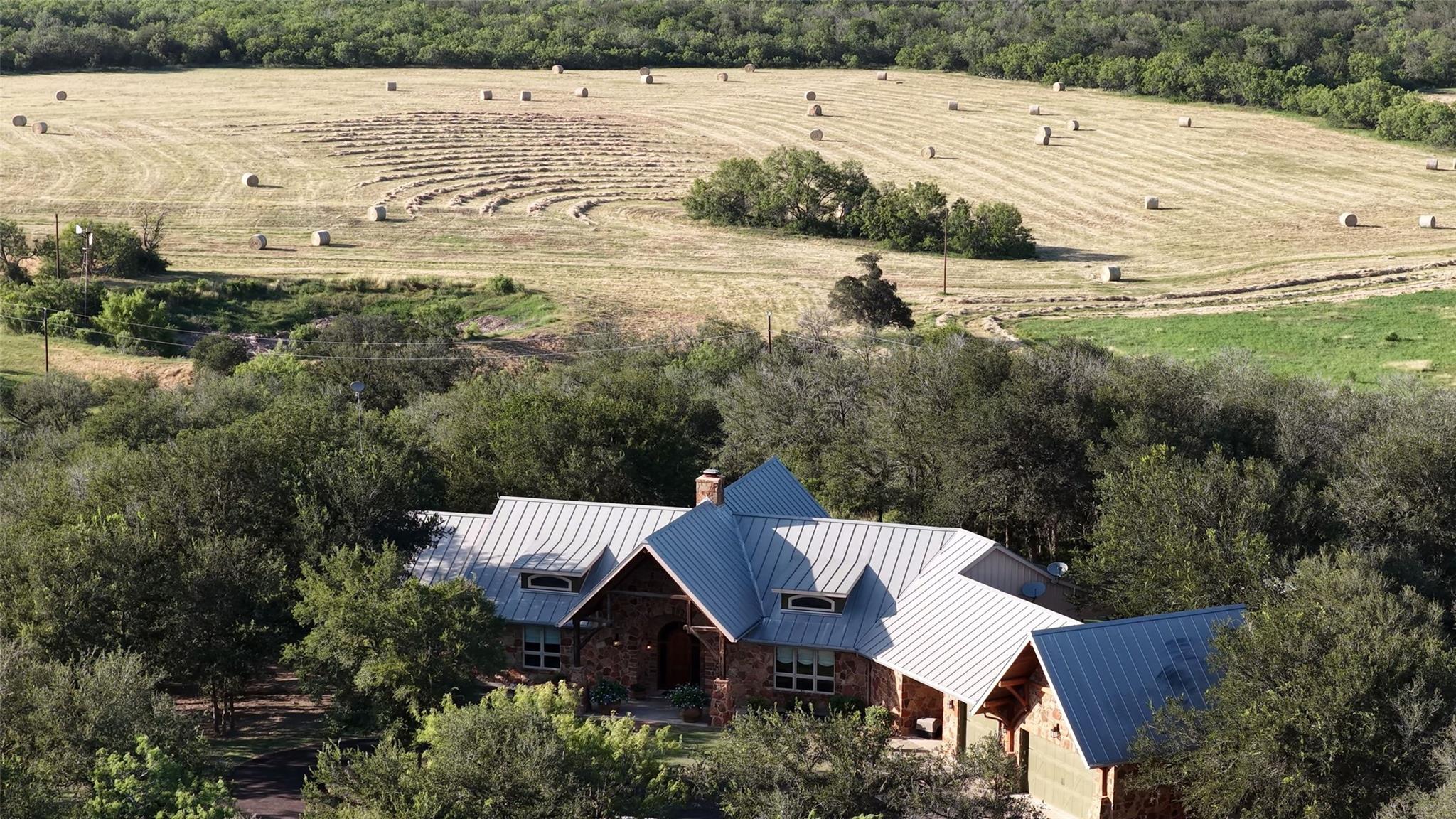 An aerial perspective reveals a charming stone-cl