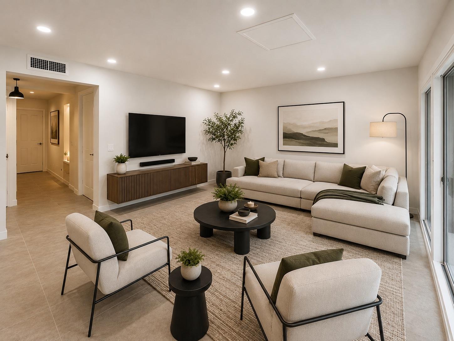 Smooth tile floors complement clean plaster walls