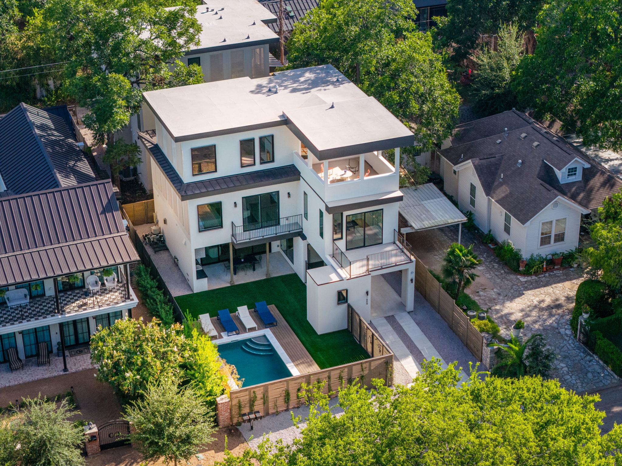 Clean lines and a private pool define this modern