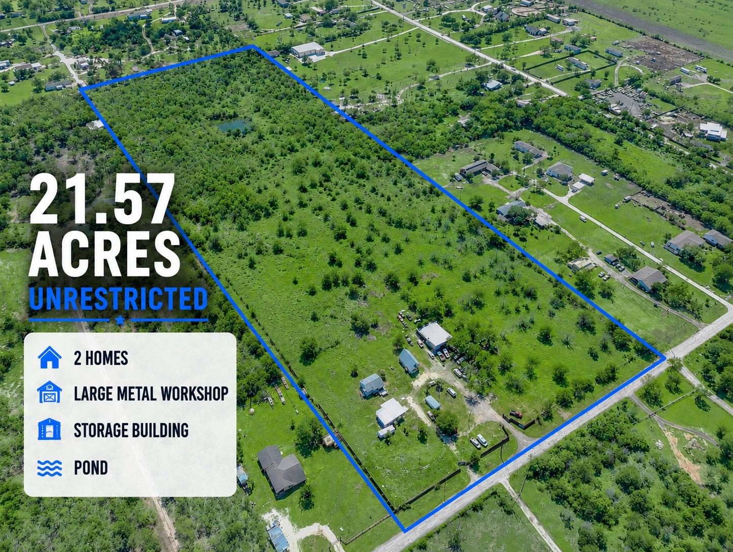 A sprawling acreage tract outlined in blue showca
