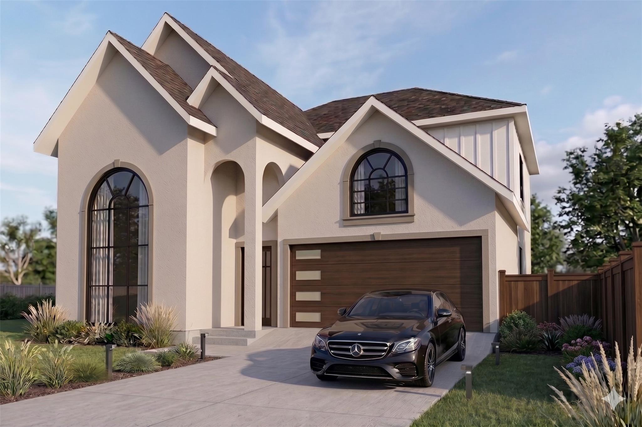 Striking architectural gables and an arched entry