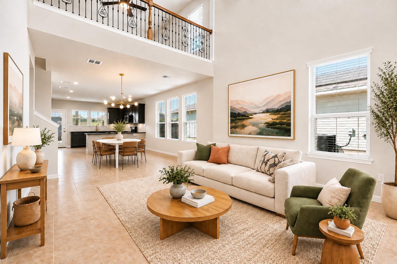 High ceilings and an open floorplan create a spac