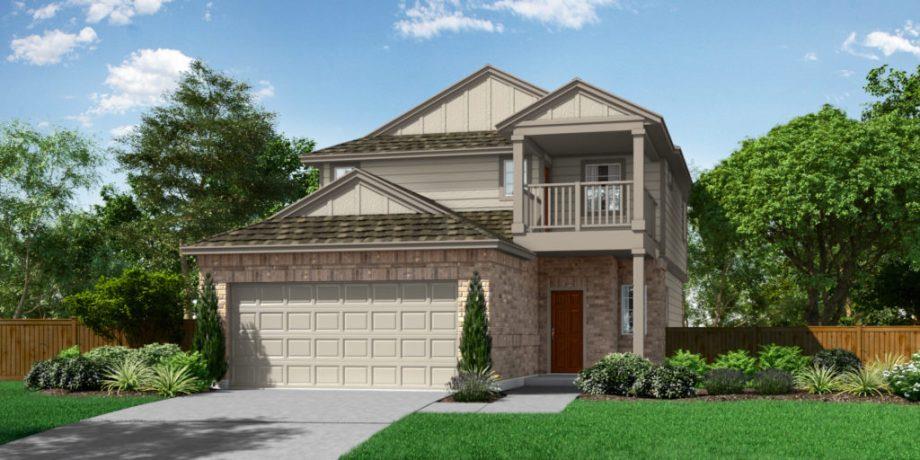 An inviting two-story elevation showcases brick a