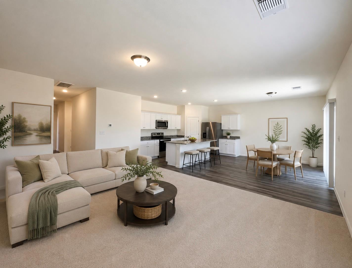 An open floor plan seamlessly connects the living