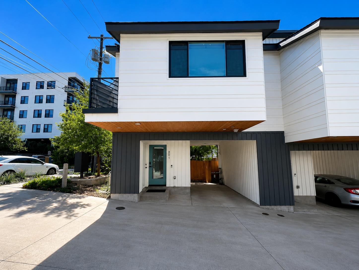 A striking modern facade with contrasting white s