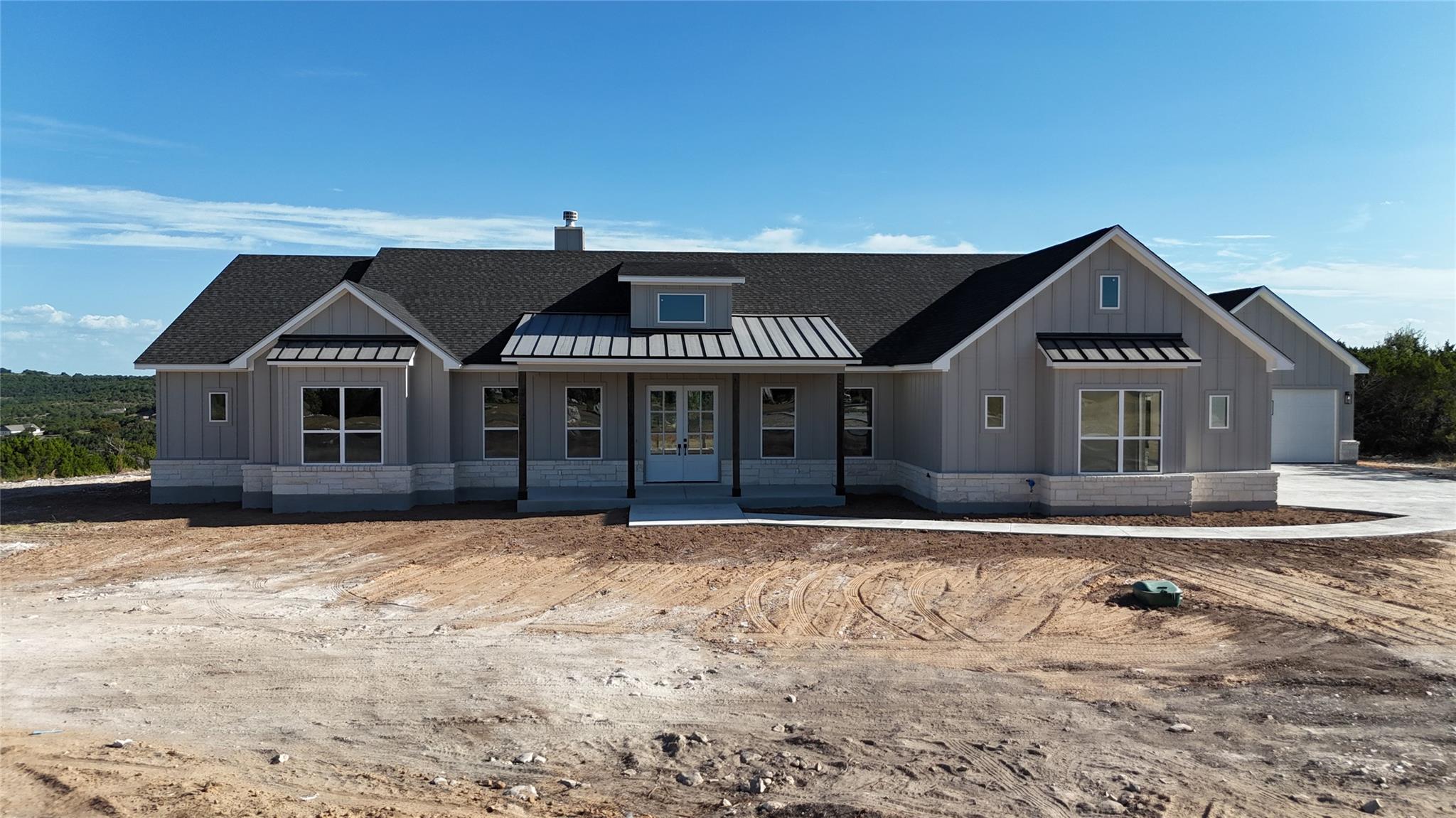 Striking board-and-batten siding complements the 