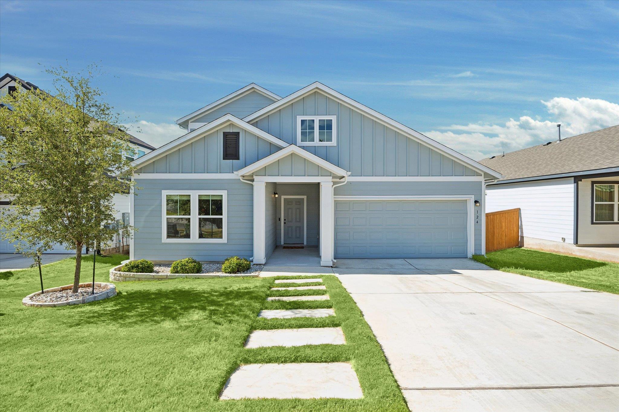 Board and batten siding pairs with a neat concret