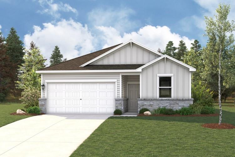 An inviting front facade showcases stone wainscot
