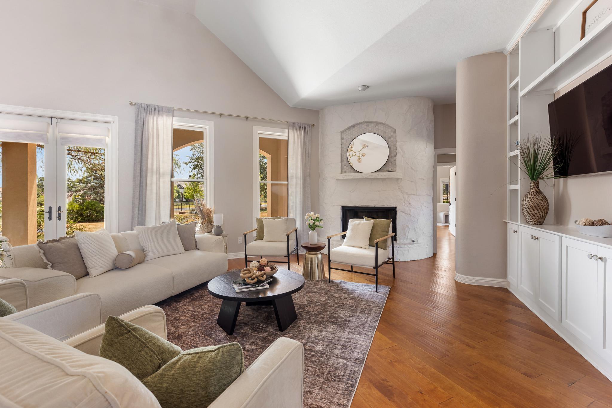 High vaulted ceilings and polished hardwood floor