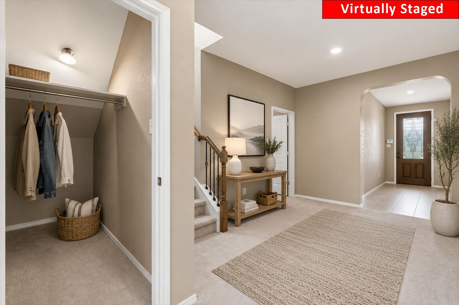 An arched opening connects the main entry hall to