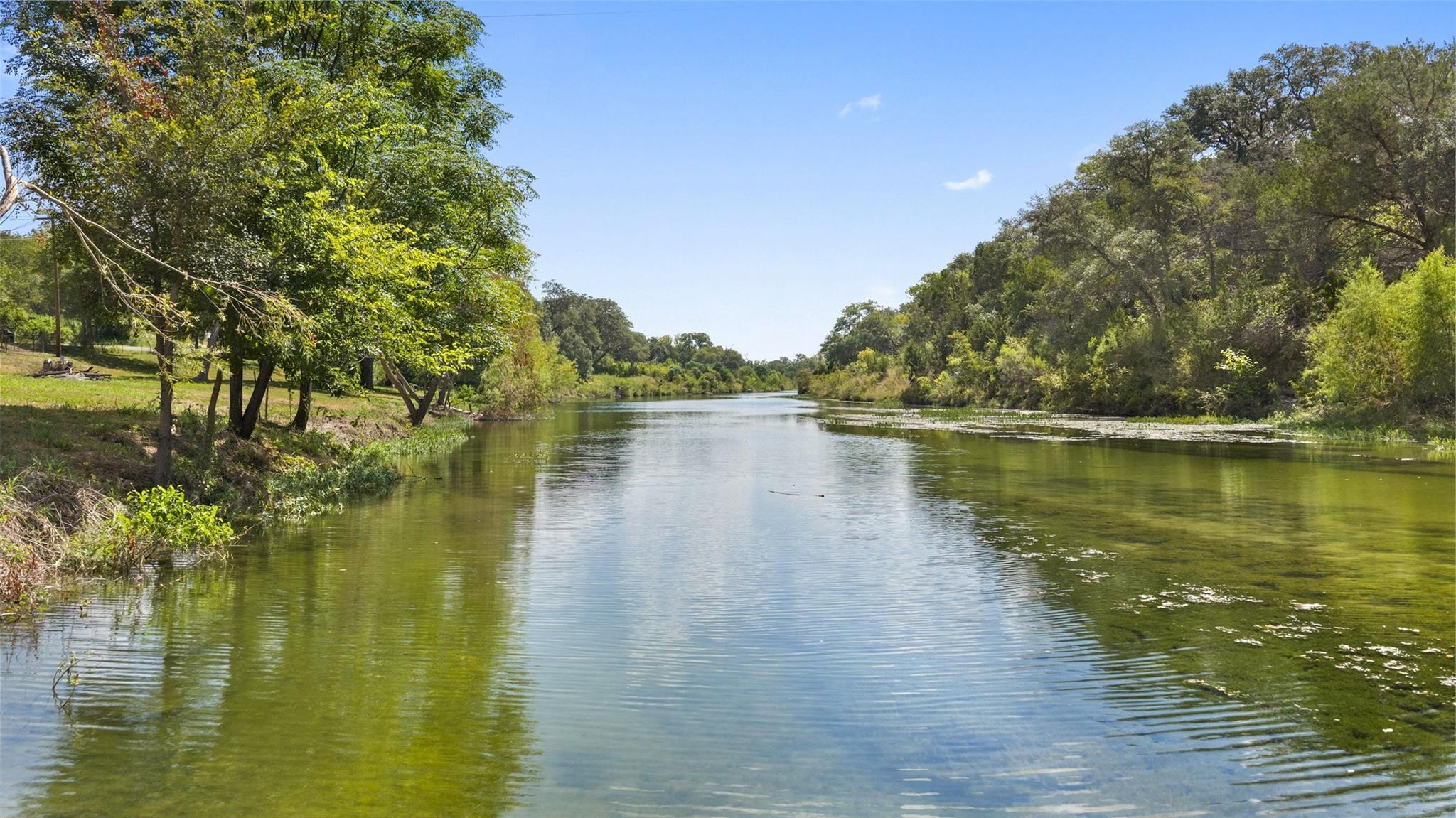 Mature trees line the tranquil waterfront, creati