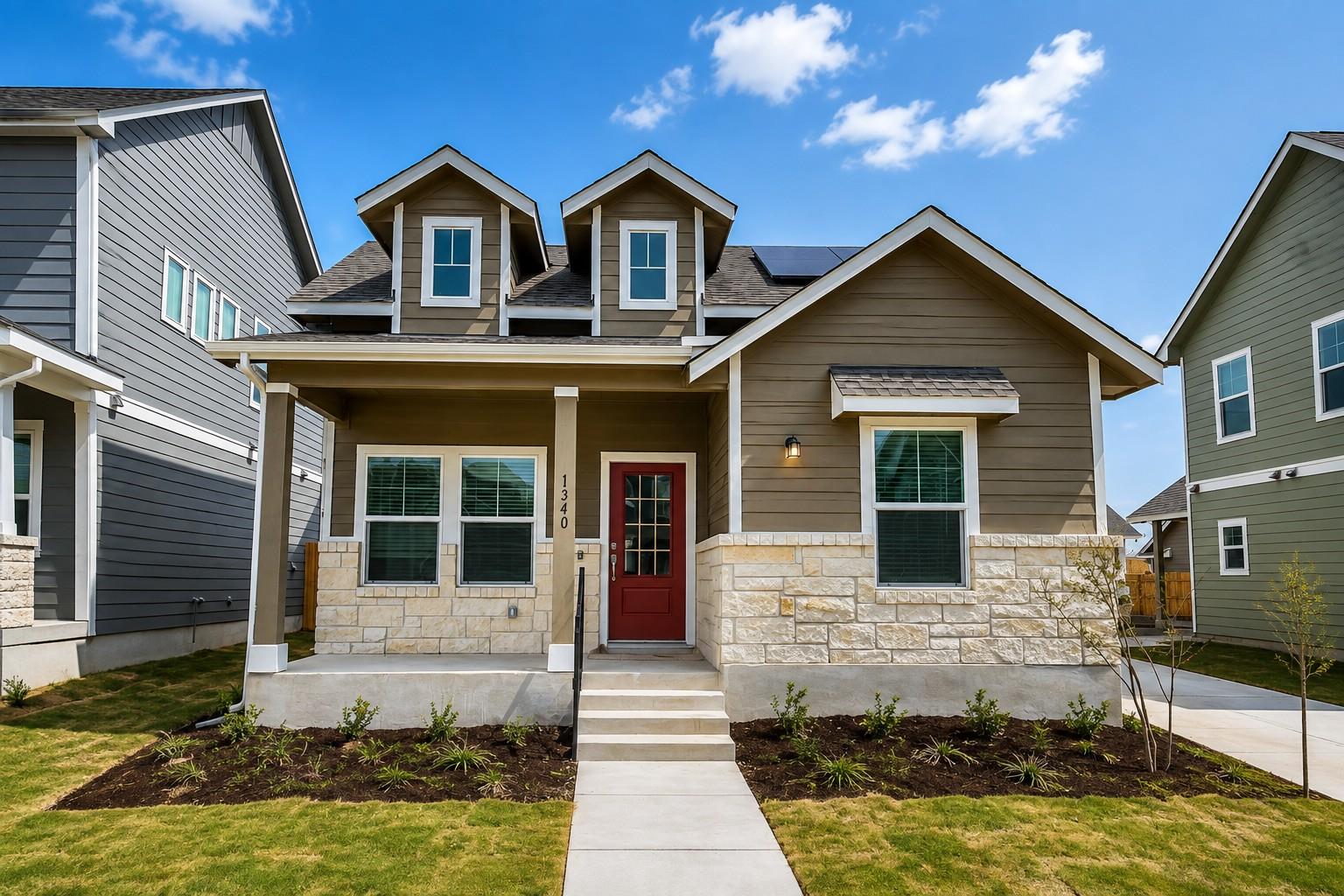 Craftsman details and textured stone accents defi