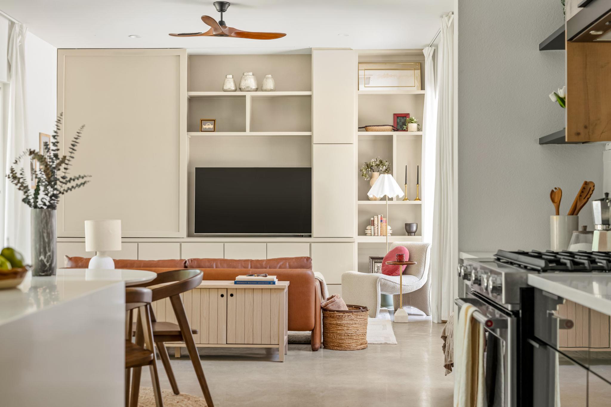 Polished concrete floors and built-in shelving an
