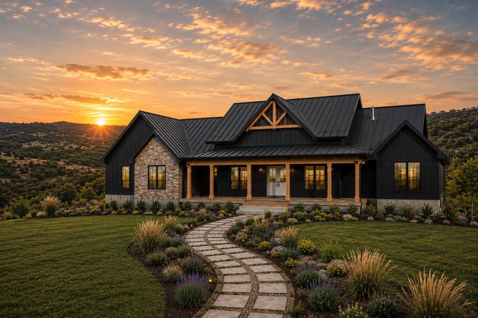A curved stone pathway leads to this modern mount