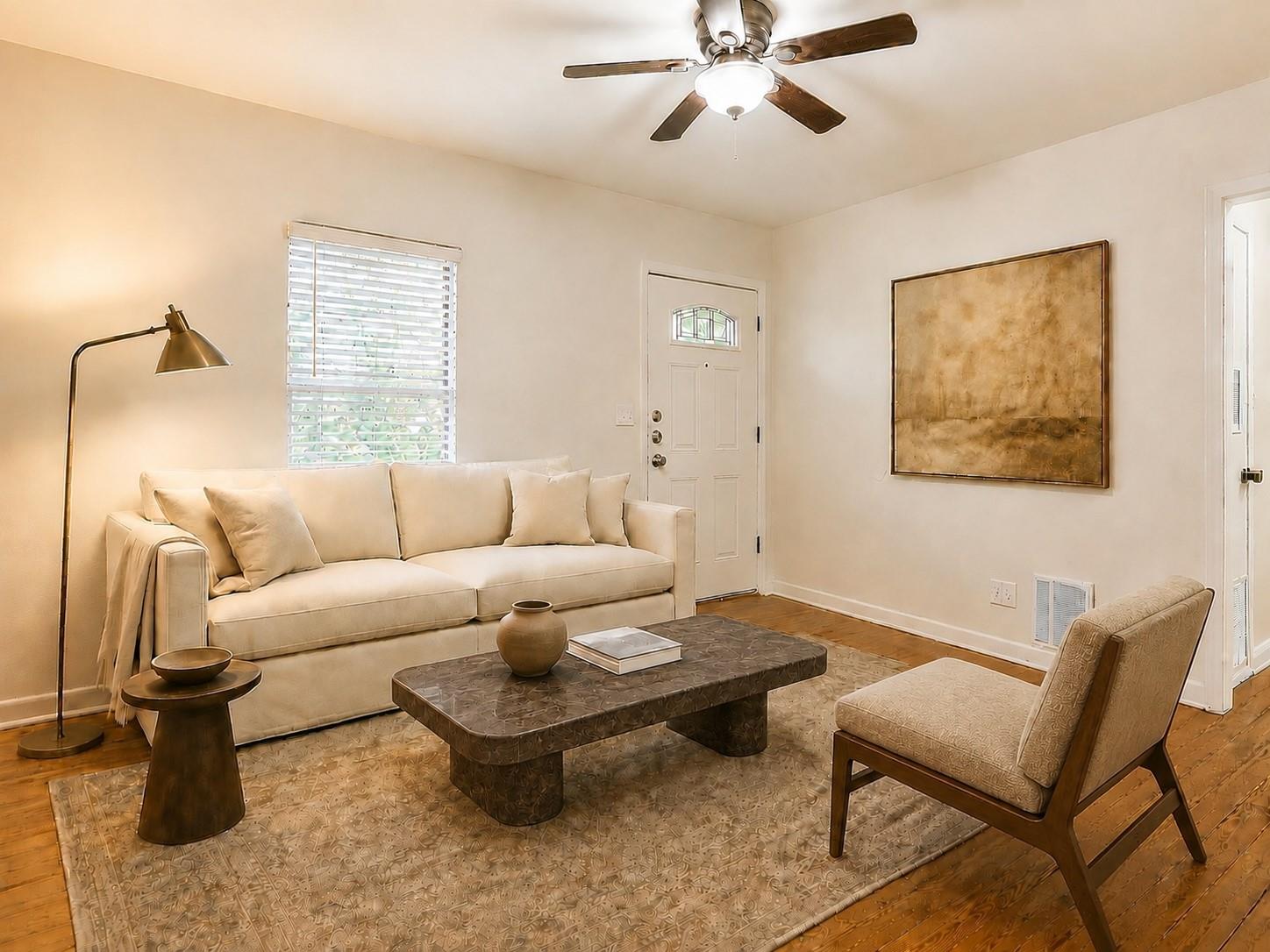 Rich hardwood flooring complements the simple lin