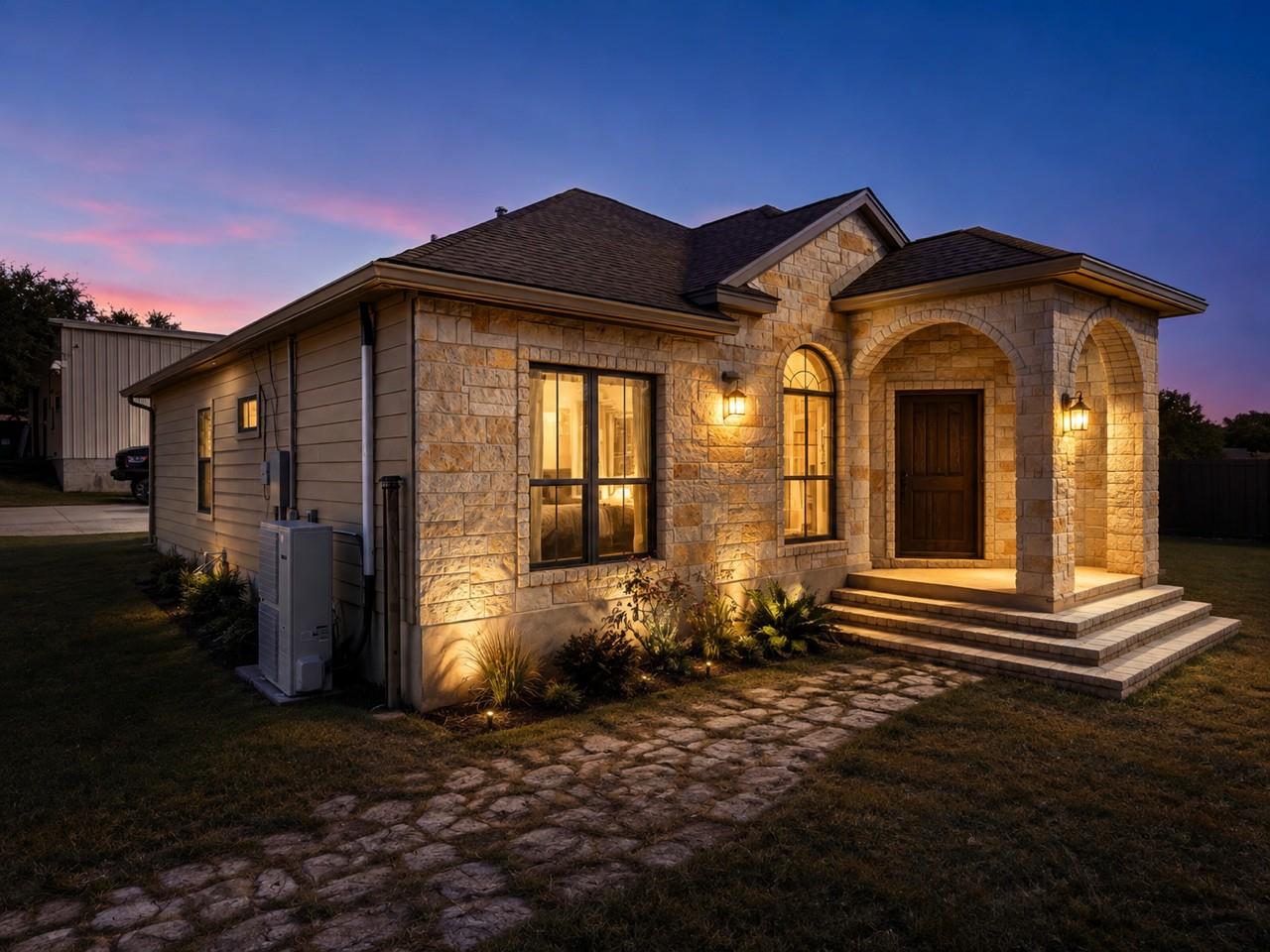 Textured stone siding and arched entryways frame 