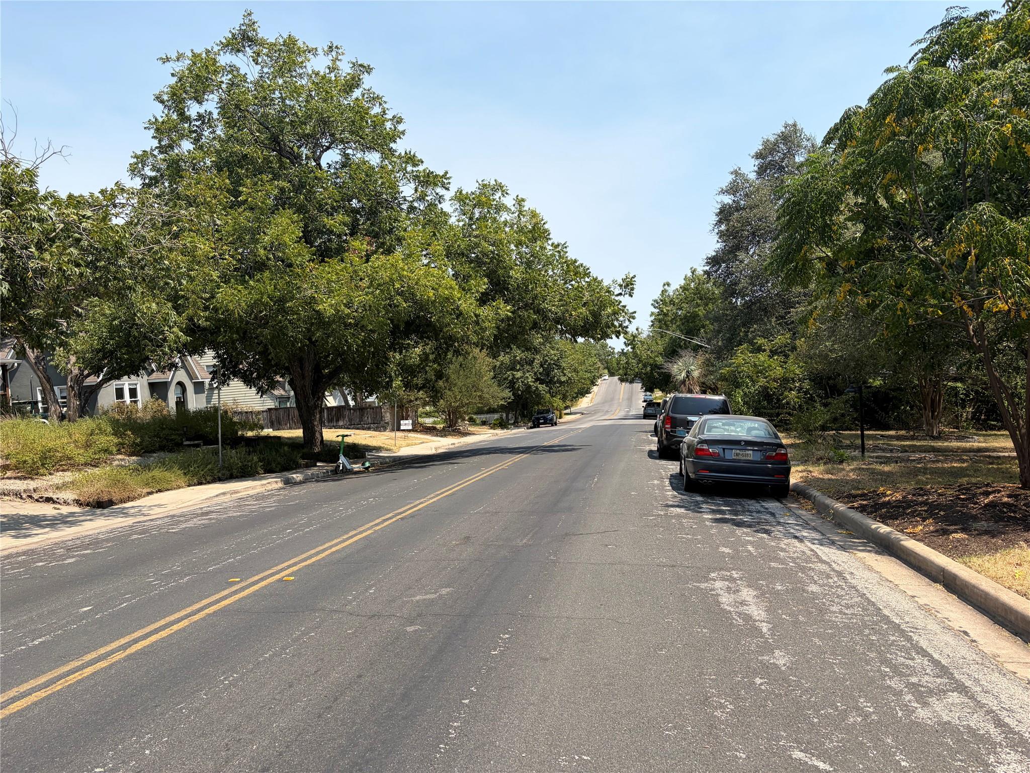 Mature trees shade a quiet suburban street with p